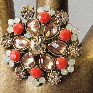 Coral and White Flower Ring,Crystal Floral Ring, Adjustable Flower Ring